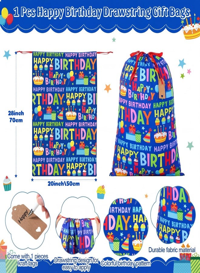 Pickmesh 1 Pcs Happy Birthday Drawstring Gift Bag 20 x 28 Inch Extra Large Baby Shower Bag Reusable Fabric Blue Baby Shower Wrapping Pouch for Gender Reveal Gift Wrapping Decoration(Blue Birthday) - Image 2